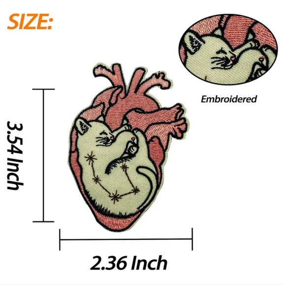 Iron On Patch, Heart with Cat Patch, Funny Cartoon Embroidered Badge Iron/Sew on - Picture 2 of 3